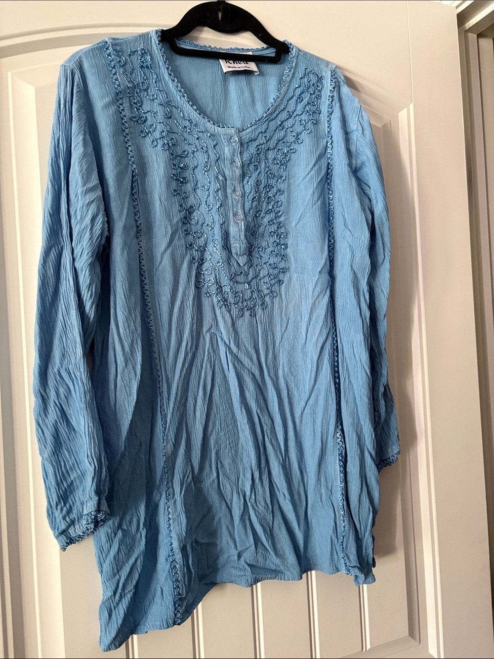 Light Blue Embroidered Long-Sleeve Tunic Top by RHEA